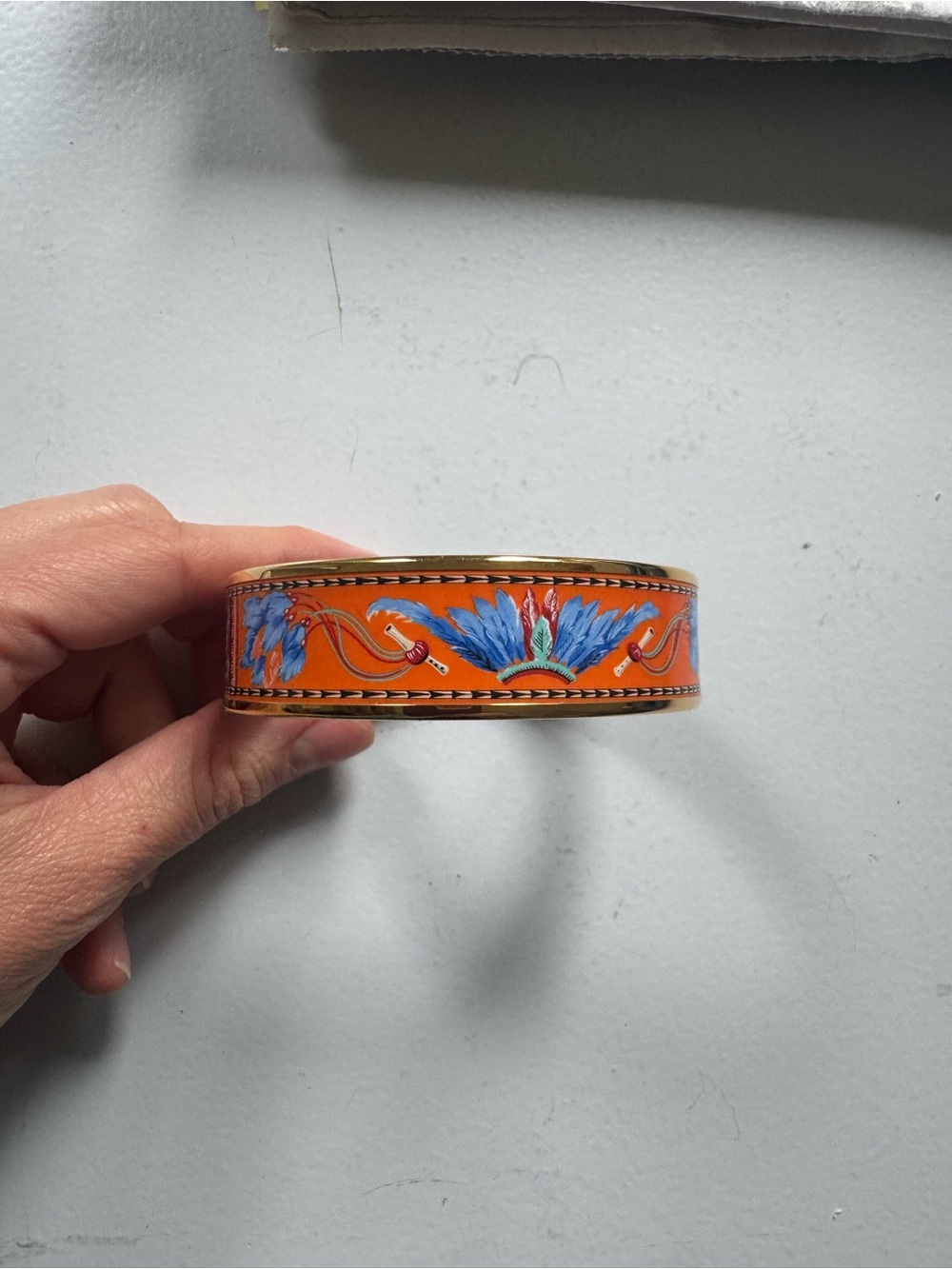 Hermes Orange and Blue Floral Enamel Bangle Bracelet